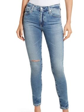 AG Farrah high waist skinny jeans with one ripped knee
